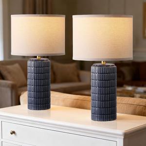 Modern Ceramic Table Lamp Set of 2, Bedside Lamp for Bedroom Decor, Nightstand Lamp with 3 Color Temperatures, Desk Light for Living Room Dorm Office, Blue