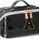 Initial Makeup Bag Large Capacity Travel Cosmetic Bag for Women PU Leather Open Flat Toiletry Bag with Handle and Divider Personalized Gifts for Women (Black A)