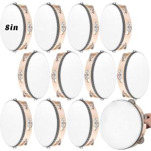 12 Pcs Tambourine Drum Bulk for Adults Hand Held Percussion Gift Operation Christmas Bulk Items Wood Metal Jingles Musical Educational Drum Instrument for Church Wedding Party Games(White) (8 Inch)