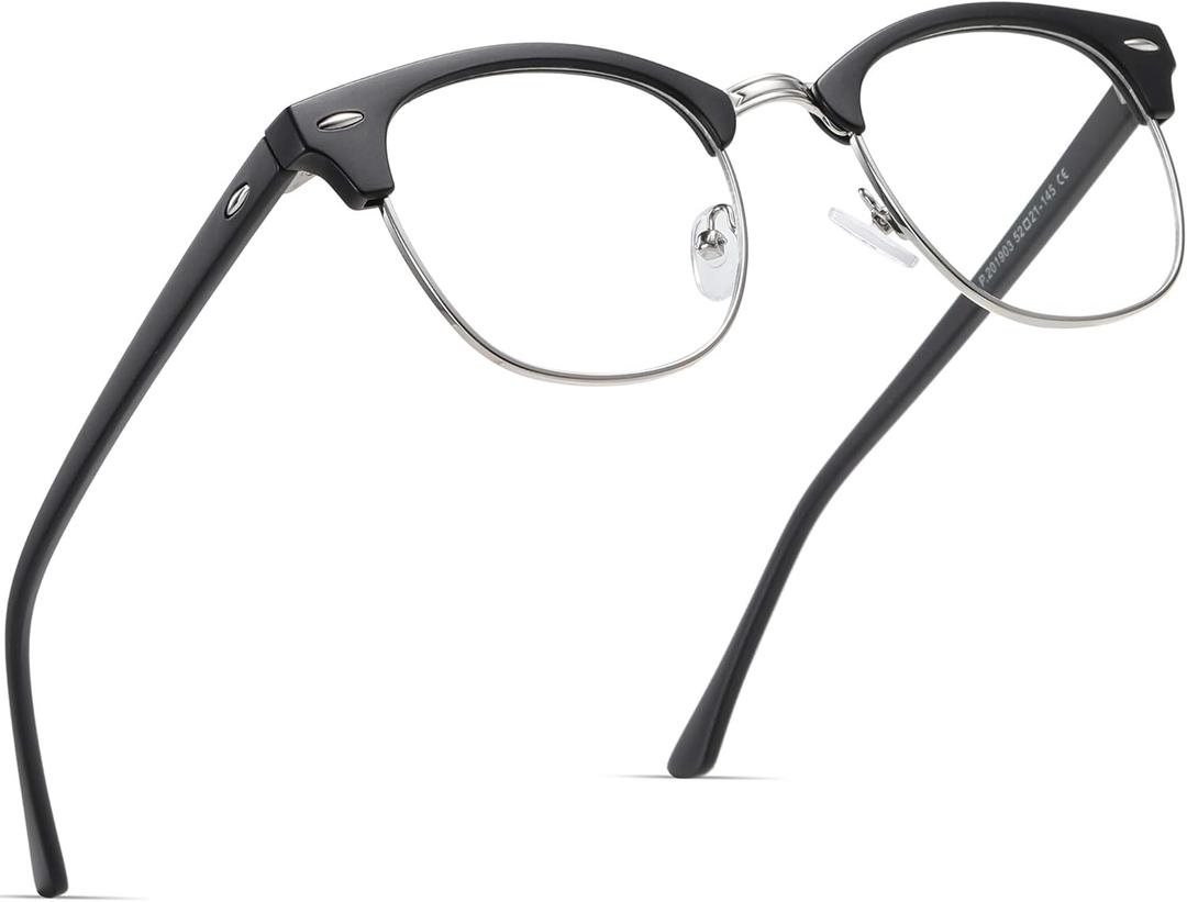 Blue Light Blocking Glasses Vintage Half Frame UV Clear Lens Anti Eyestrain Computer Gaming Glasses for Women Men (A01-matte Black Silver Frame)