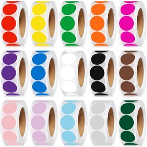 7500 Pcs 3/4 in Round Color Coding Labels Roll Adhesive Solid Colors Dot Stickers Assorted Colored Circle Dot Label for Back to School Inventory Organize File Classification, 15 Colors