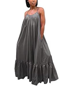 Women's Sexy Spaghetti Strap Sleeveless Ruffle Hem Bandage Oversized Club Beach Loose Long Maxi Swing Dress Dark Gray L