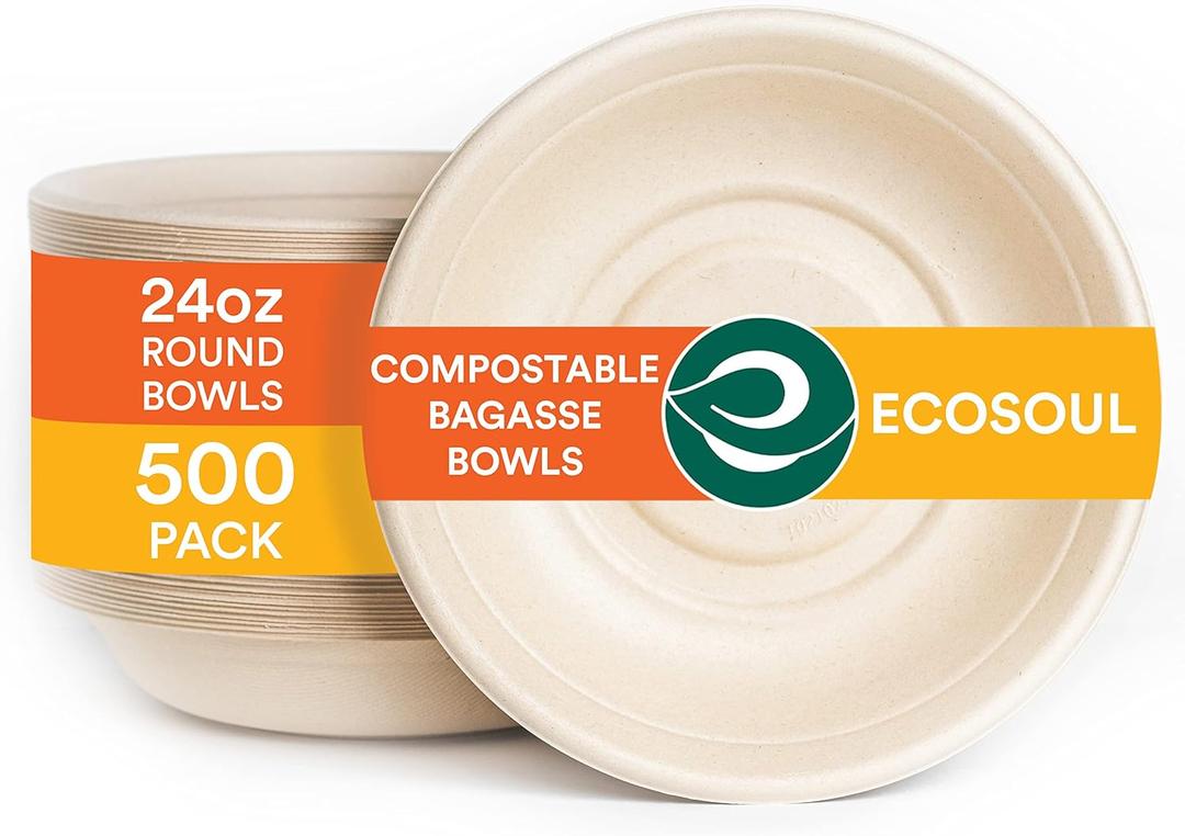 Ecosoul 100% Compostable 24 Oz Soup Bowls [500-Pack] Disposable dinner bowls I Heavy duty paper bowl I Eco-friendly salad bowl I Biodegradable large Bowls (Natural)