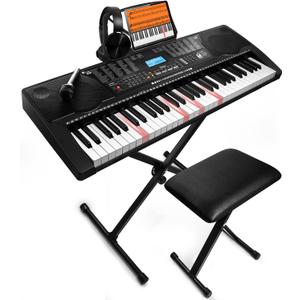 61 Key Portable Electronic Keyboard Piano w/Lighted Full Size Keys, LCD, Headphones, X-Stand, Stool, Music Rest, Microphone, Note Stickers, Built-In Speakers,3 Teaching Modes
