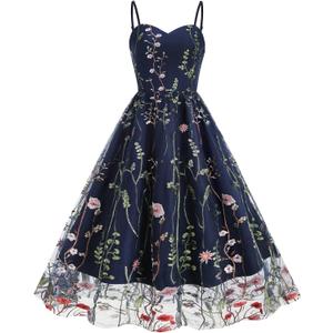 Women Keyhole Floral Embroidery Dress Sheer Mesh Illusion Vintage Cocktail Swing Dress Wedding Party Prom Tulle Evening Dress (Blue, XXL)