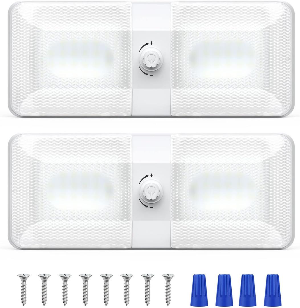 RV Lights Interior, 3 Color TEM Camper Lights, 196 LEDs Dimmable 12v Volt Led Lights Fixture, RV Ceiling Dome Light w Switch for RV Camper Car Trailer Boat 2 Pack