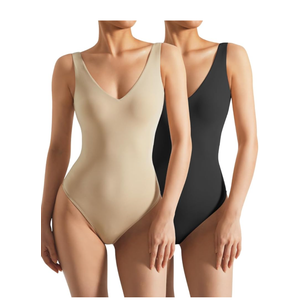 SUUKSESS Women 2 Piece Thong Bodysuit Sexy V Neck Backless Sleeveless Tank Tops Body Suits (Black & Beige, M)