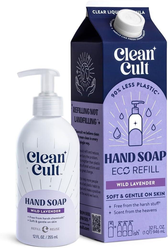 Bundle of Cleancult - Liquid Hand Soap Refills - Wild Lavender - 32 oz/1 Pack + Moisturizing Liquid Hand Soap - Refillable Aluminum Bottle - 12 oz
