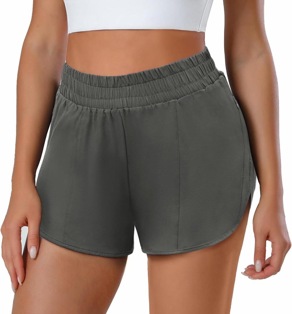 PINSPARK Athletic Shorts for Women Quick Dry Running Workout Gym Short High Waisted with Zip Pockets (Pink)