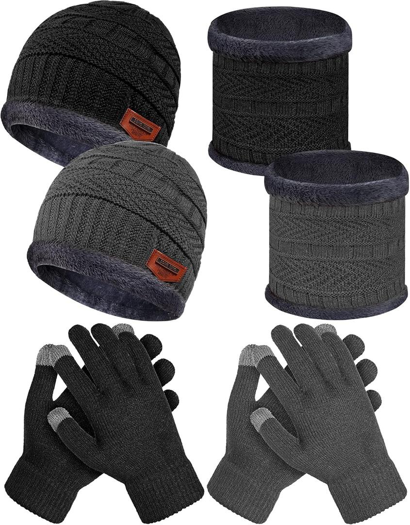 6 Pieces Kids Winter Hat Glove Scarf Sets Knitted Toddler Cap Beanie Touchscreen Mitten Neck Warmer for Boys Girls 5-14 Years (Black,gray)