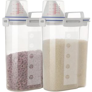 2 Pcs 5.5 LB Rice Storage Container, Airtight Cereal Flour Dispenser with Pouring Spout & Measuring Cup, Kitchen Plastic Clear Dry Food Storage Bin for Grain Oatmeal Snacks Pet Dog Food