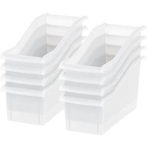 IRIS USA Plastic Book Bin Magazine Holder, 8-Pack, Vertical Standing Connecting Container Box for Office Dorm Study Homework Binder Notebook File Craft Stationery Supplies Organizer Caddy, Clear