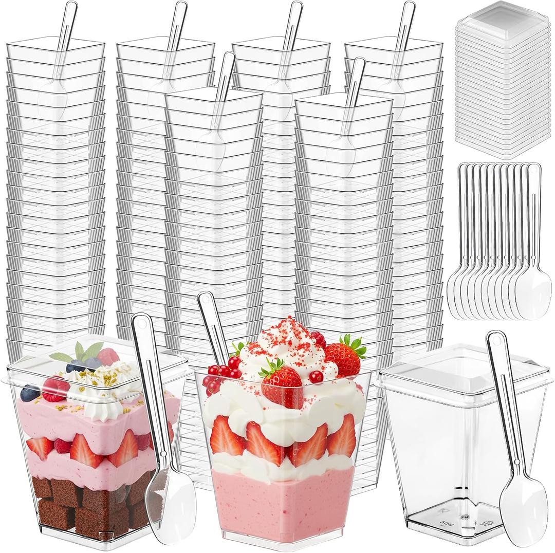 200 Pcs 5 oz Clear Plastic Dessert Cups with Lids & Spoons, Reusable Parfait & Appetizer Cups, Mini Dessert Shooters for Pudding, Yogurt, Jello, Ice Cream, Trifle & Fruit, For Party & Wedding