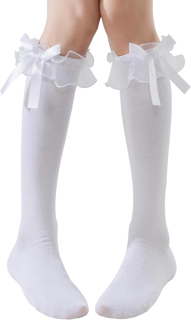 Women's Lace Ruffle Frilly Ankle Socks - Girl Cotton Knee High Socks with Bow Lace Ruffle Trim (White-2 Pairs)