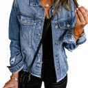 EVALESS Womens Boyfriend Washed Crop Denim Jean Jacket Coat (Blue, L)