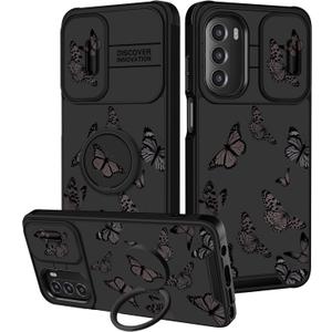 Moto G Stylus 5G 2022 Case - Butterfly Women Cute Girls Phone Cover Girly Pretty Aesthetic Black Butterfly Unique Design with Camera Cover and Ring Stand for Motorola G Stylus 5G Case
