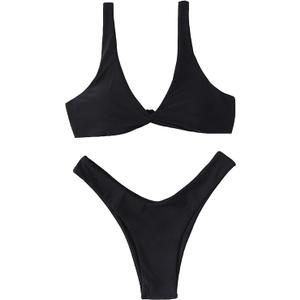 Verdusa Women's Twist Front High Cut Thong Two Piece Bikini Set Swimsuit Slate Black L