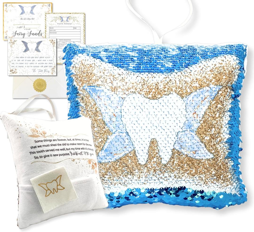 Tooth Fairy Pillow Kit for Girls and Boys - Tooth Fairy Evidence Kit with Tooth Fairy Bag - Multi Color Reversible Sequin and Large Pocket - Tooth Pillow with Letter & 2 Customizable Certificates (Blue)