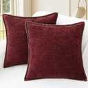 CaliTime Christmas Throw Pillow Covers Decorative 18 X 18 Inches Pack of 2 Cotton Thread Stitching Edges Solid Dyed Soft Chenille Cushion Cases for Couch Sofa Bed Living Room Farmhouse Burgundy