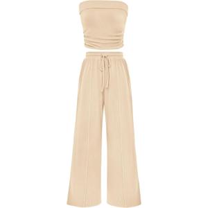 PRETTYGARDEN Womens Summer Outfits 2 Piece Sets Casual Ribbed Knit Crop Tube Top Wide Leg Pants Spring Matching Lounge Set (Small, Apricot)