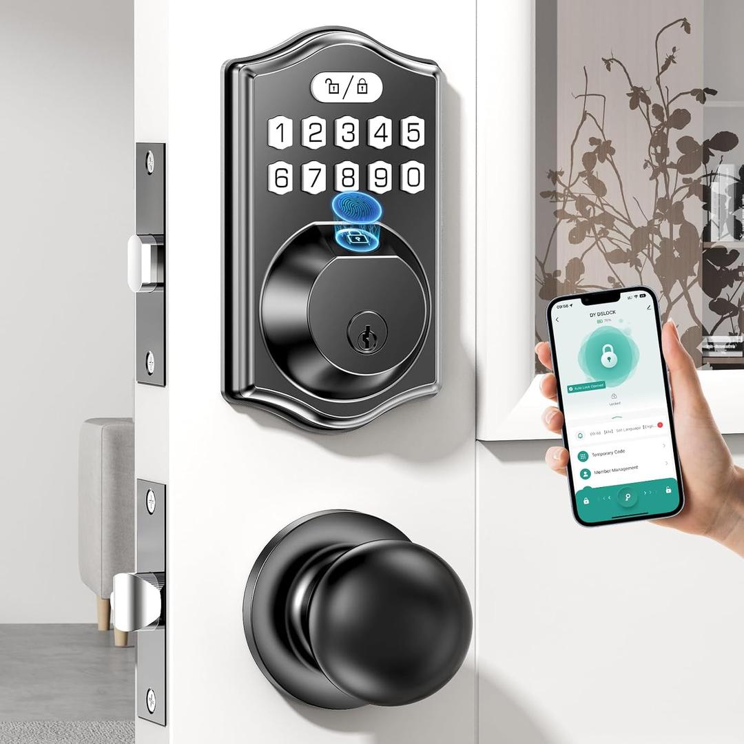 Keypad Deadbolt Front Door: 0.3s AI Fingerprint&100 Passcodes15min DIY Install|Auto-Lock Weatherproof Keyless Entry Smart Electronic Door Lock with Handle Set for Kids&Seniors