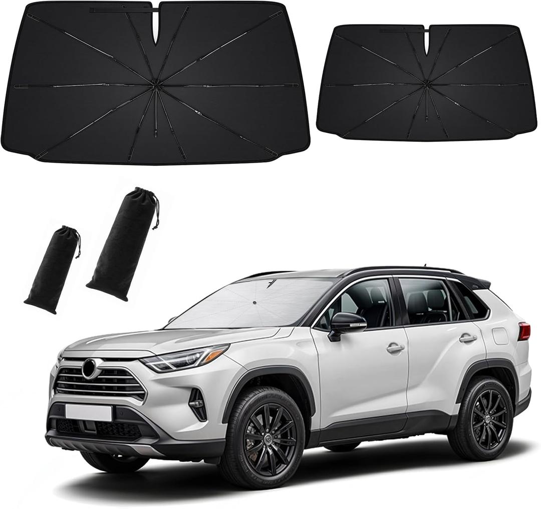 2 Pack Windshield Sun Shade - 99% UV Block & Heat Insulation, Foldable Sunshade Cover with Spring Edge for Sedan, SUV, Trucks, Medium (55.5" L29" W), Large (59" L32.5" W)