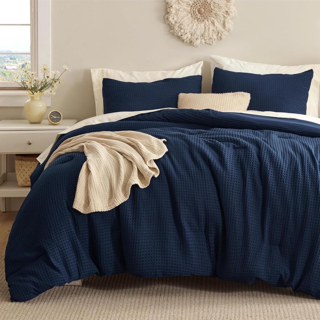 Bedsure Waffle Comforter Set Queen, Soft and Breathable Navy Bedding Comforter Set, 3 Pieces, 1 Waffle Weave Comforter (90" x 90") and 2 Pillowcases(20" x 26")
