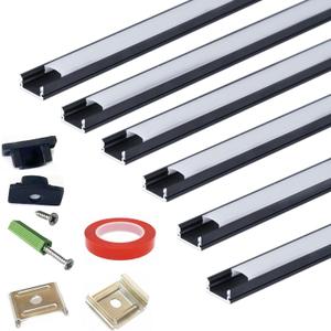 THMOOTHER LED Strip Black U Channel Diffuser 6-Pack 1FT,17X7.5MM Surface Mounted Aluminum Track with UV Resistance Milky Cover Cabinet Flush Installed Low Profile with Double Sided Tape