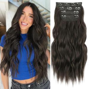ALXNAN Clip in Long Wavy Synthetic Hair Extension 4PCS 24 Inch Dark Brown Thick Hairpieces Fiber Double Weft Hair for Women