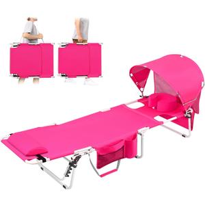 Tanning Chair with Sun Canopy Face Hole Softer Padded Adjustable Washable, Heavy Duty Layout Folding Lounge Chair for Adults Outside Beach Reading Sunbathing Poolside, UPF 50+ Sun Shade, Pink, 300 LBS
