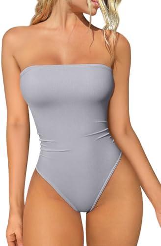 OQQ Womens Tube Bodysuits Strapless Basic Sleeveless Ruched Stretch Classic-Fit Tops Sexy Bodysuits S