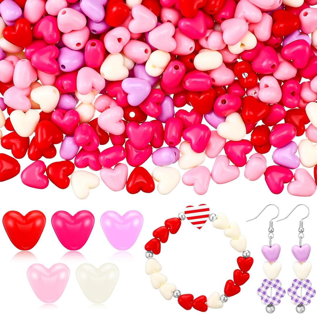 600 Pcs Mother's Day Acrylic Heart Beads 10mm Red White Heart Spacer Beads Romantic Love Pendant Craft Kits for Mother's DIY Jewelry Making Craft Party Supplies