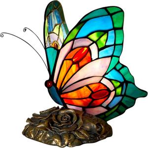 Bedside Table Lamp LED Tiffany Blue Fairy Butterfly Nightstand Table Lamps Stained Glass Shade ON Off Switch Home Office Desk Lamp Night Light Girl Grandma Mothers Day Gifts W/Gift Box