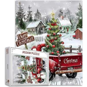 Merry Christmas Puzzles 1000 Pieces for Adults, Families (Wooden House,Fantasy Forest,Chriastmas Tree,Vintage Car) Pieces Fit Together Perfectly 19.7''x27.6''inch Winter Magic Puzzle Art Boho Gift