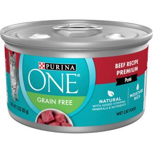 Purina ONE Natural, High Protein, Grain Free Wet Cat Food Pate, Beef Recipe - (Pack of 24) 3 oz. Pull-Top Cans (EXP 03/01/28)