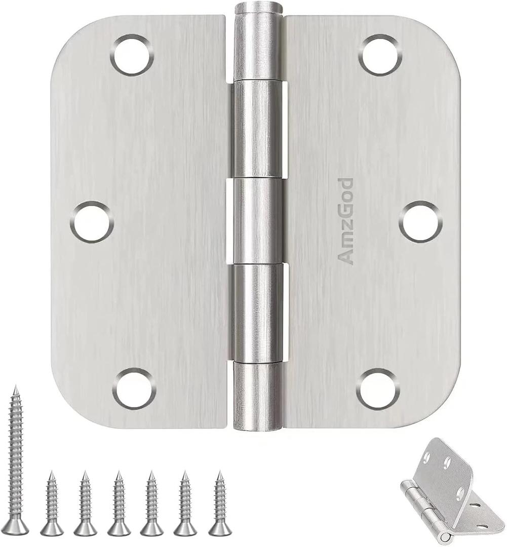 Door Hinges Brushed Nickel - 3 Pack Satin Nickel 3.5 Inch Rounded Interior Door Hinges with 5/8" Radius - Flat Iron Residential Standard 3 1/2 Inches Silver Door Hardware