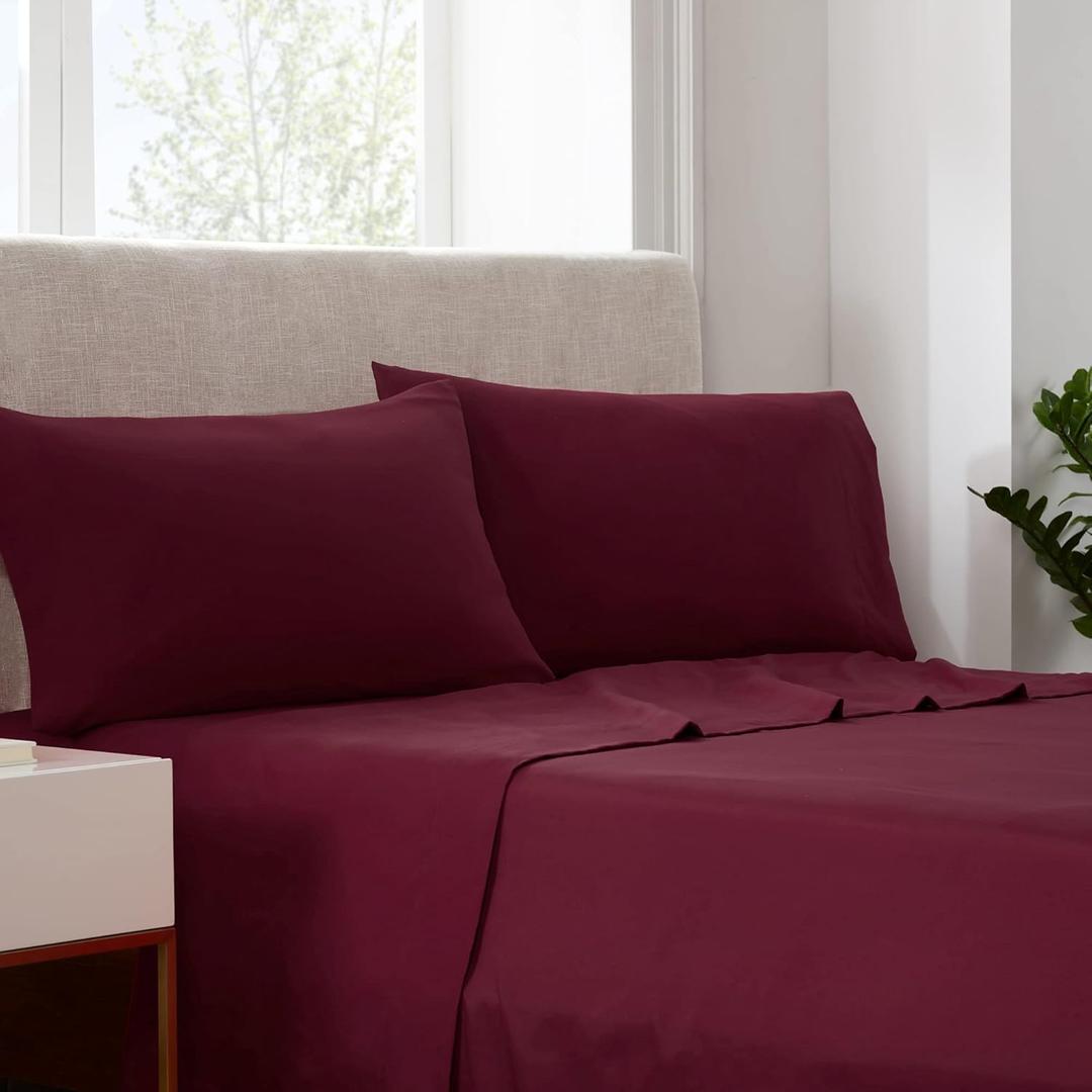 Serta Simply Clean Super Soft Hypoallergenic Stain Resistant Deep Pocket 3 Pieces Solid Bed Sheet Set, Twin XL, Burgundy