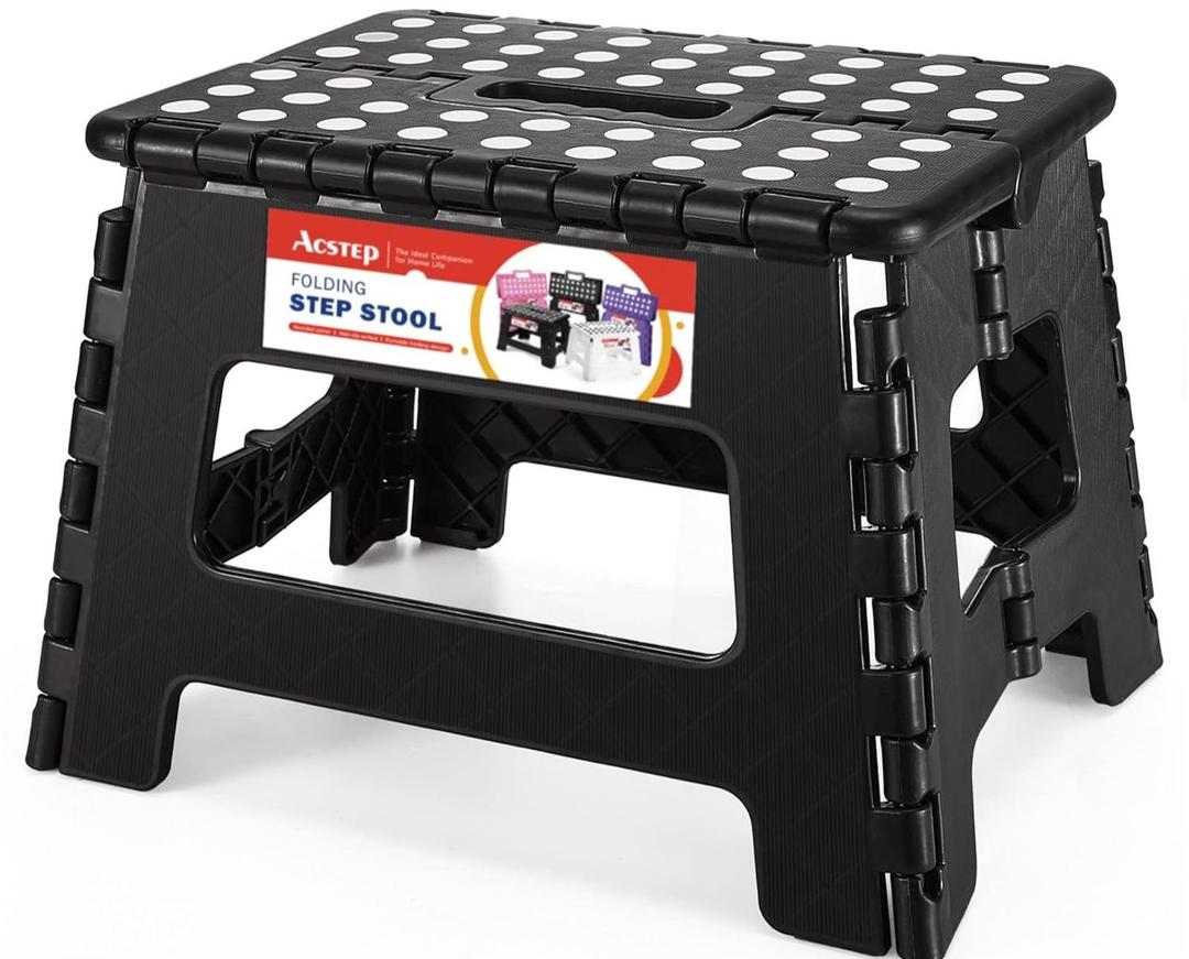 ACSTEP Folding Step Stool 9'' Tall Kids Step Stool Holds Up to 300 lb Plastic Foldable Step Stools for Kids Non-Slip Surface with Carry Handle Collapsible Stool for Home, Outdoor and Indoor, Black