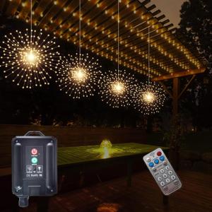 4 Pcs 800LED Solar Starburst Sphere Lights,Firework Light Remote Control Timer 8 Modes Dimmable Waterproof Hanging Fairy Lights, Sparkly Light for Patio Garden Tent Outdoor (Warm White)