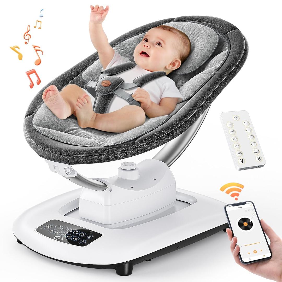 Baby Swing for Infants - Electric Baby Rocker with 3D Motion Detection, 180° Rotating Seat, Upgraded 5 Point Harness, Bluetooth Support, 5 Preset Lullabies and 5 Speeds