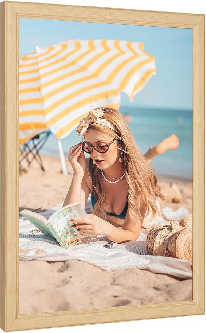 Wood 24x36 Poster Frame, Rustic Natural 36x24in Woodgrain Picture Photo Frame, Modern Beige 24 x 36inch Gallery Wall Frame with HD Plexiglass, Horizontal Vertical Wall Mounting Display 1pcs
