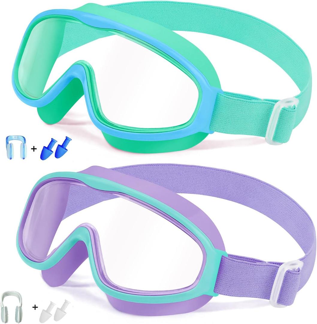 Vvinca Kids Goggles with Comfort Fabric Strap, Kids Swim Goggles Wide View Anti-Fog/UV No Leaking Swimming Goggles for 3-14 (04-mint Green& Purple Blue)
