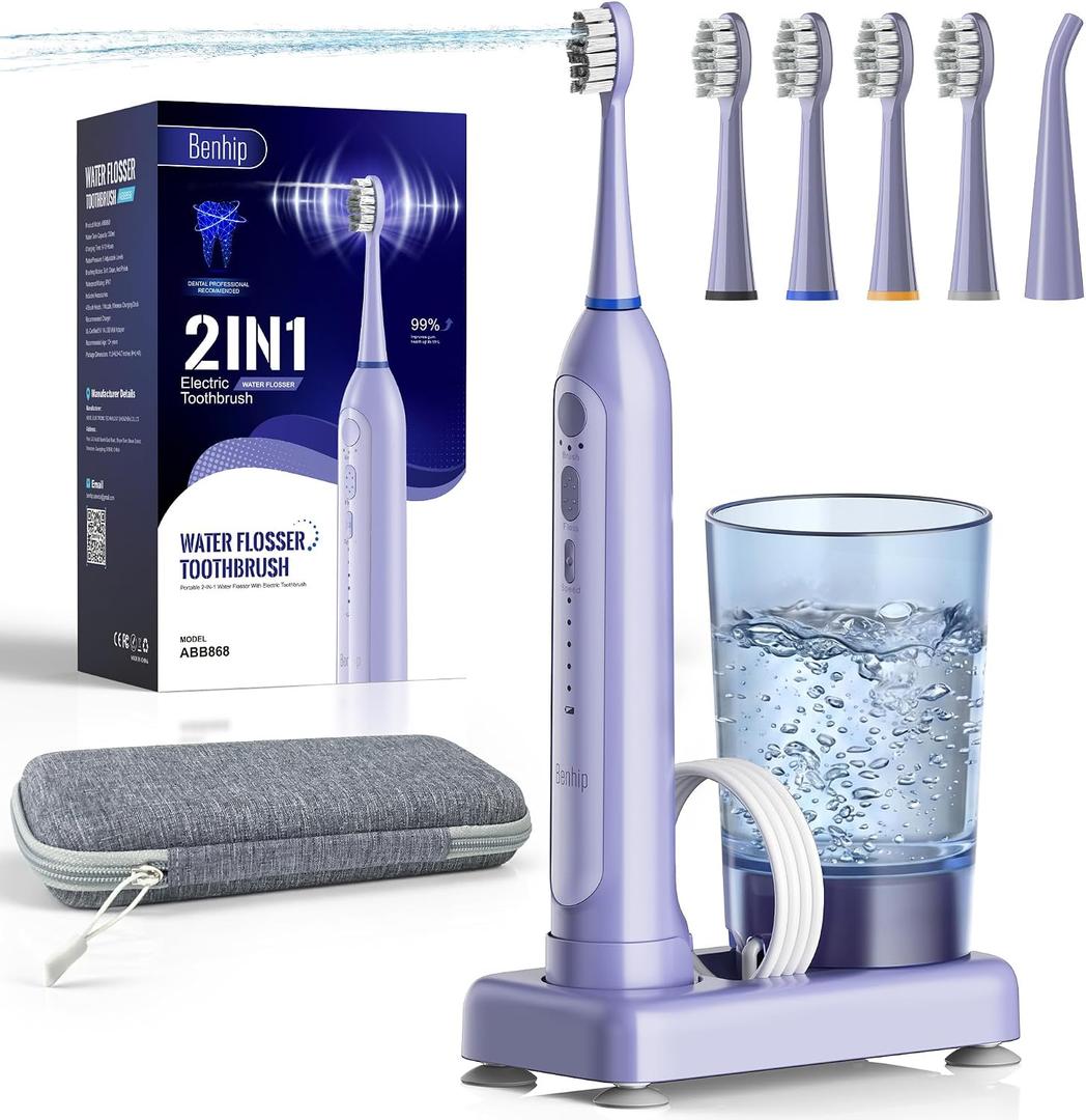 Electric Toothbrush with Water Flosser Combo for Teeth Brushing & Flossing, Sonic Electric Toothbrush for Adults, Cordless Water Flosser for Home & Travel, Portable Travel Case Included