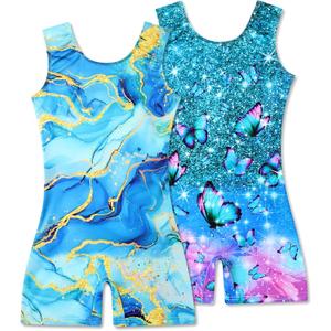 2 Packs Gymnastics Leotards for Girls Mermaid Leopard Dance Leotard Kids Biketard with Shorts (4-5T, 1 a Blue Marble&butterfly)