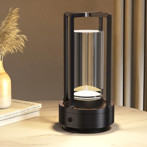 Cordless Portable Table Lamp Rechargeable for Indoor/Outdoor, 3000mAh Small Battery Powered Operated Lights, 3 Color Modes Dimmable Waterproof, LED Desk Lamp for Restaurant/Bedroom/Camping (Black)