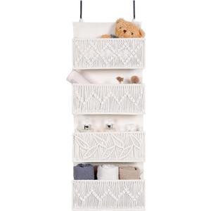 Macrame Over the Door Organizer Boho Decor Nursery Storage, Leaf Weaving Closet Organizers and Storagewith 4 Hanging Pockets, Behind Door for Bathroom, Bedroom (Beige)