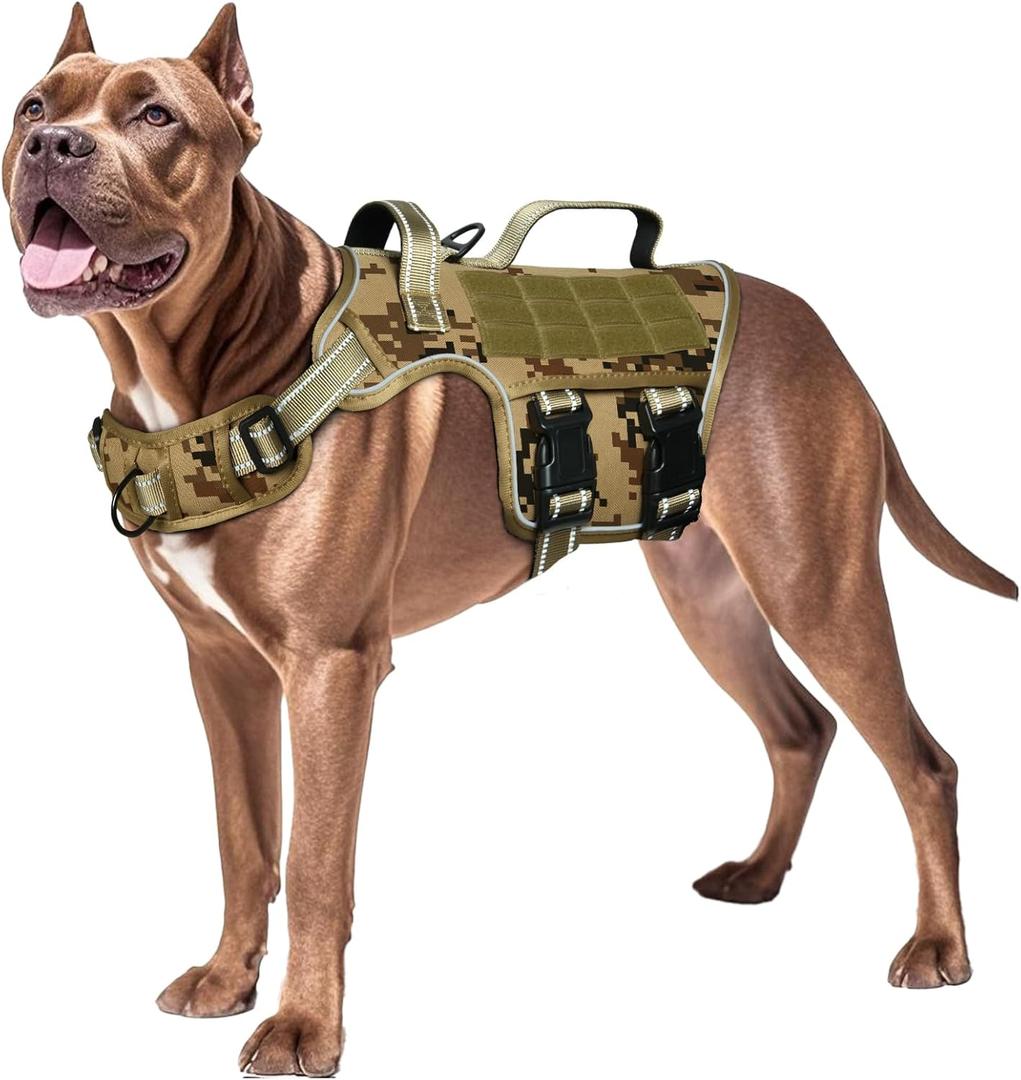 Dog Harness for Large Dogs Heavy Duty, No Pull Tactical Dog Harness with Molle System, Easy On and Off Service Dog Vest, Breathable Padded, Adjustable Reflective Pet Vest for Walking Hiking Training, XL(Neck:21-32",Chest:26-39"),75-135 lbs, Desert Camo