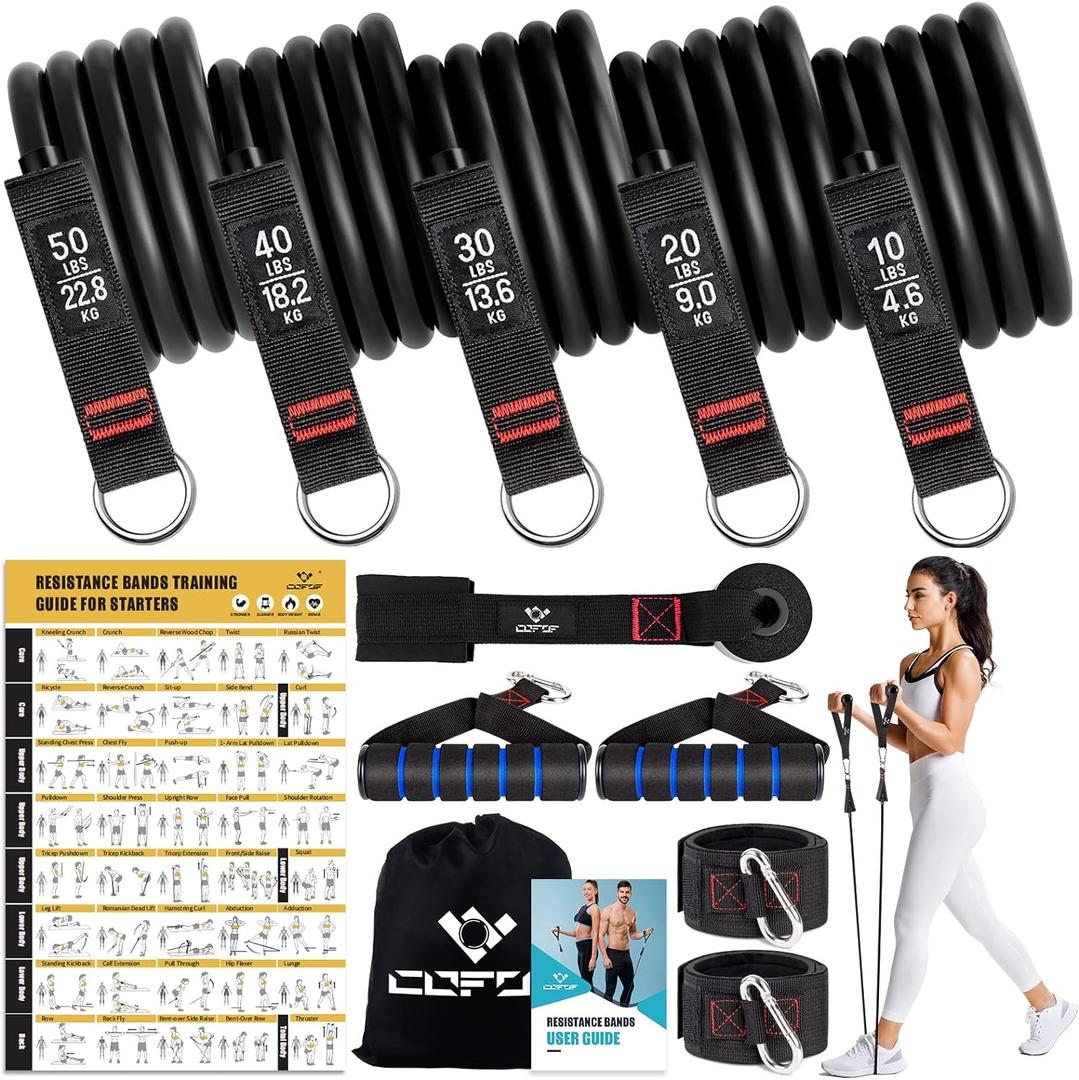Resistance Bands with Handles for Women, 5 Level Exercise Bands Workout Bands for Physical Therapy, Yoga, Pilates, Door Anchor, Storage Pouch (10-150 LBS Black)