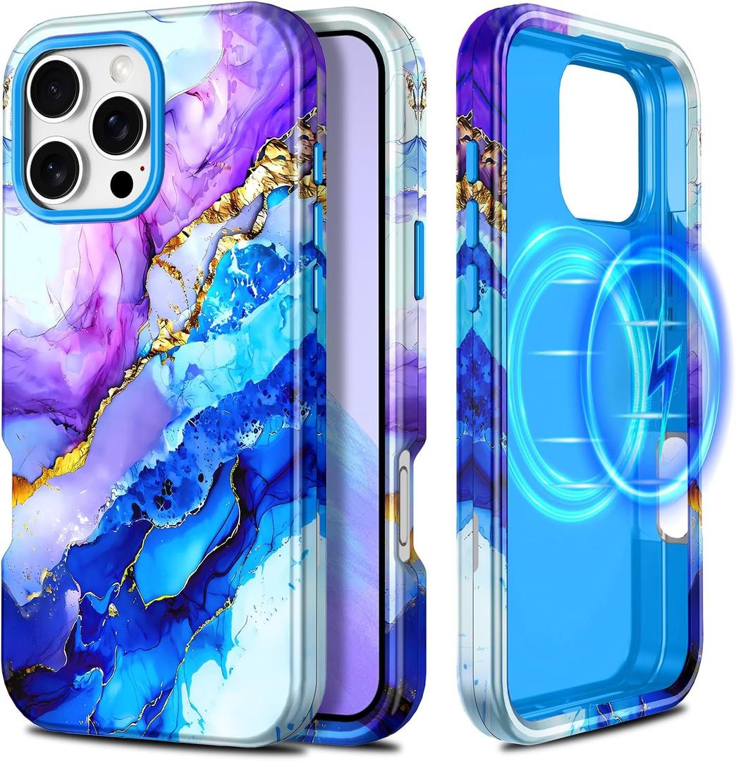 Casetego for iPhone 16 Pro Max Case,Compatible with MagSafe,[Military Grade Drop Test] Full Body Protection Slim Shockproof Rugged Marble Women Girls Case for iPhone 16 Pro Max 6.9 inch,Azure Blue