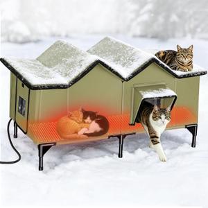 Extra Large Heated Outdoor Cat House for Feral & Stray Cats, Weatherproof Insulated Cat Shelter for Multiple Outdoor Cats, Sturdy Winter Cat House with Escape Door and Heating Pad (Green)